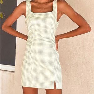 Lulus Happy Chance Sage Green Gingham Square Neck Mini Dress